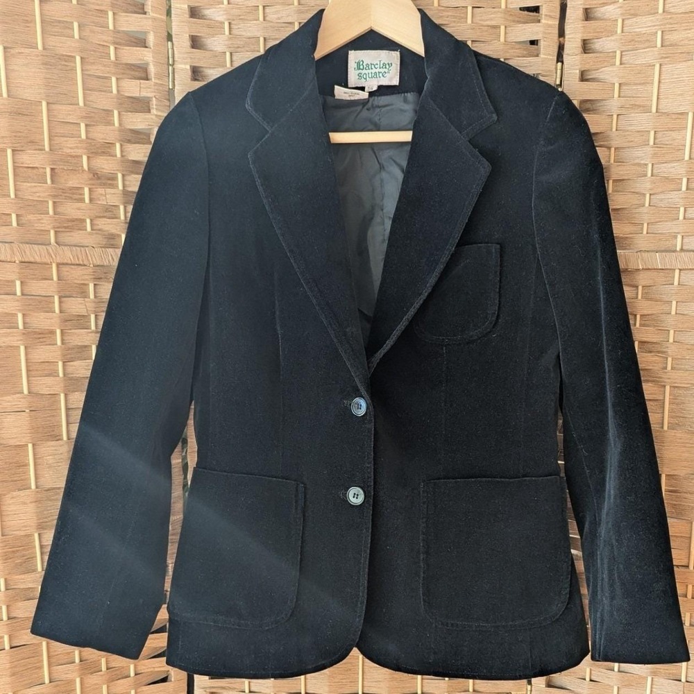 VTG Barclay Square Black Velvet Blazer Jacket Cotton Dark‎ Academia Minimalist